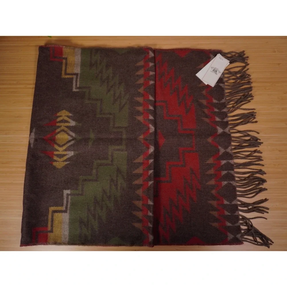 NEW Ralph Lauren Double RL Scarf O/S Red Multi Lambswool Cashmere RRL